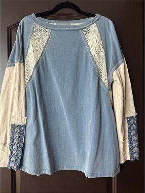 Women's Long Sleeve Blue and Cream Crochet Detail Shirt